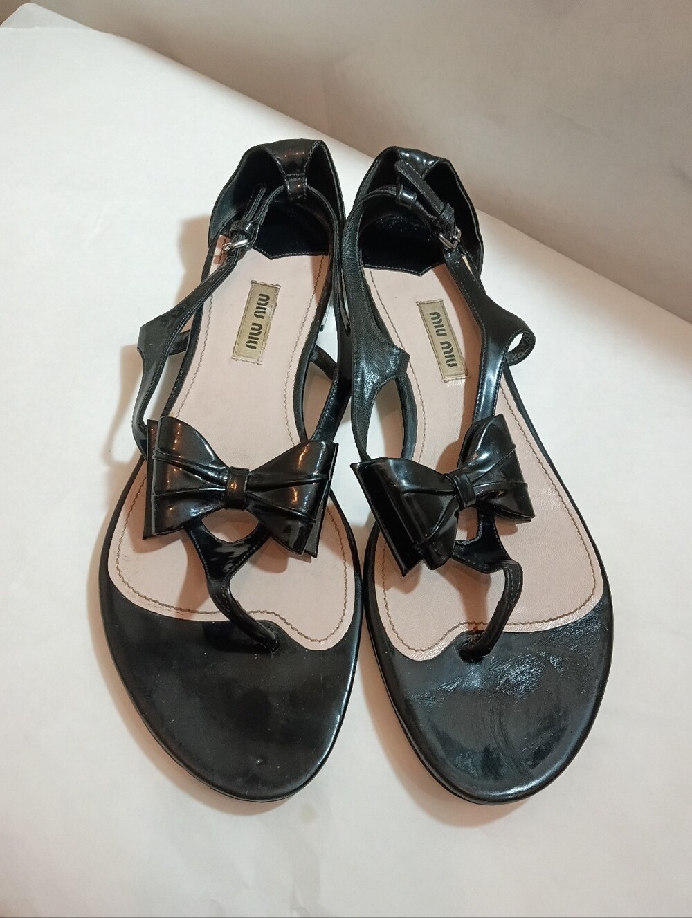 Miu Miu Black Leather Patent Sandals Bow 40